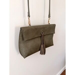 Anthropologie Olive Green Tassel Crossbody Bag Vegan Leather Foldover Clutch